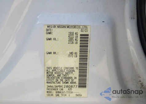 2015 Nissan Altima 2.5/2.5 S/2.5 Sl/2.5 Sv z USA, uszkodzony, nr VIN 1N4AL3AP9FC280877